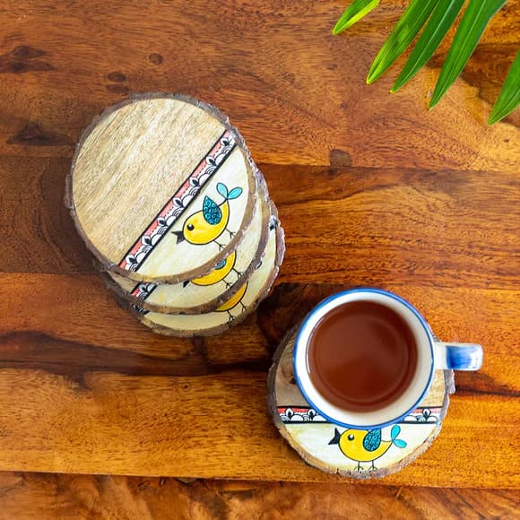 Handcrafted Bird Motif Coasters In Mango Wood