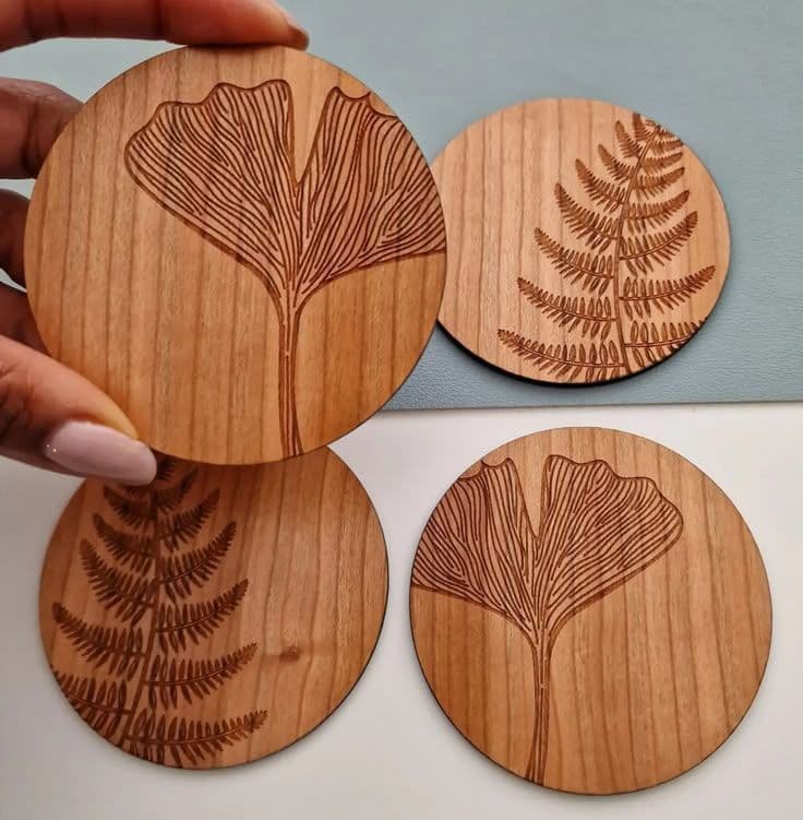 Laser Engraved Botanical Leaf Coasters