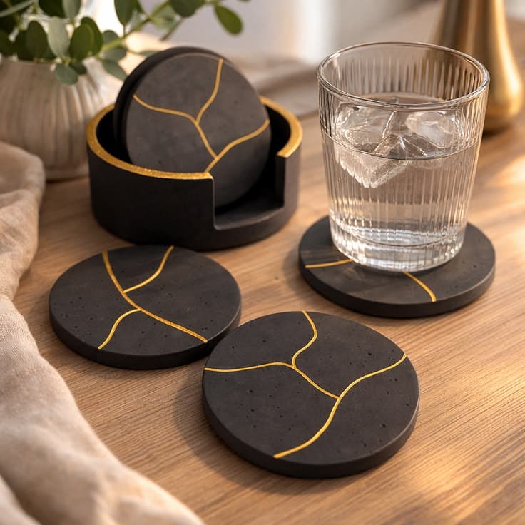 Black Kintsugi Gold Coasters With Holder