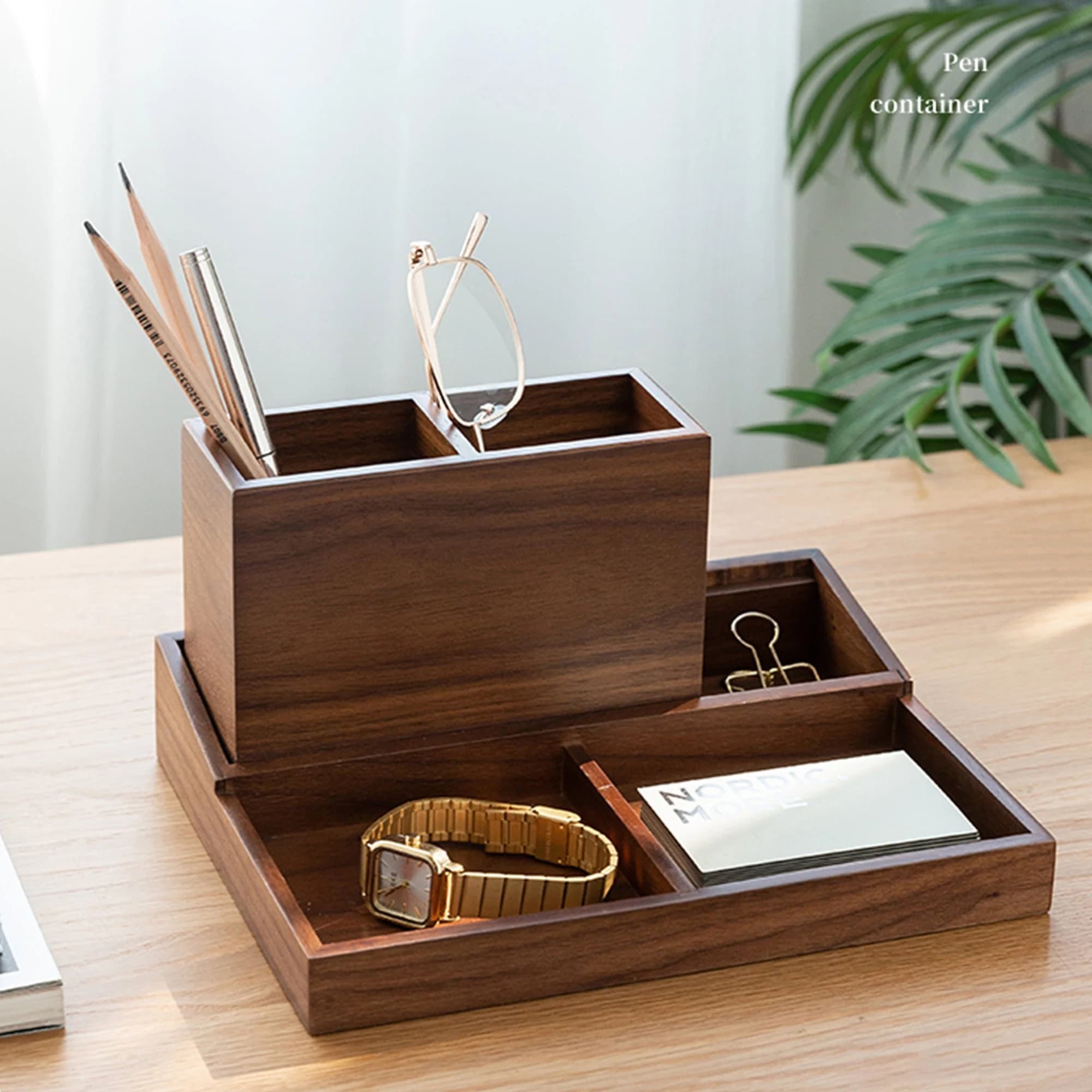 Wooden Desk Organizer Tray With Pen Holder