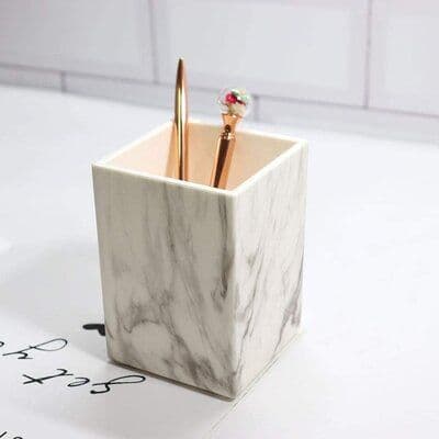 White Marble Print Square Pen Holder