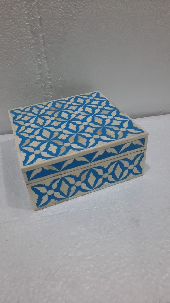 Blue Moroccan Geometric Bone Inlay Box