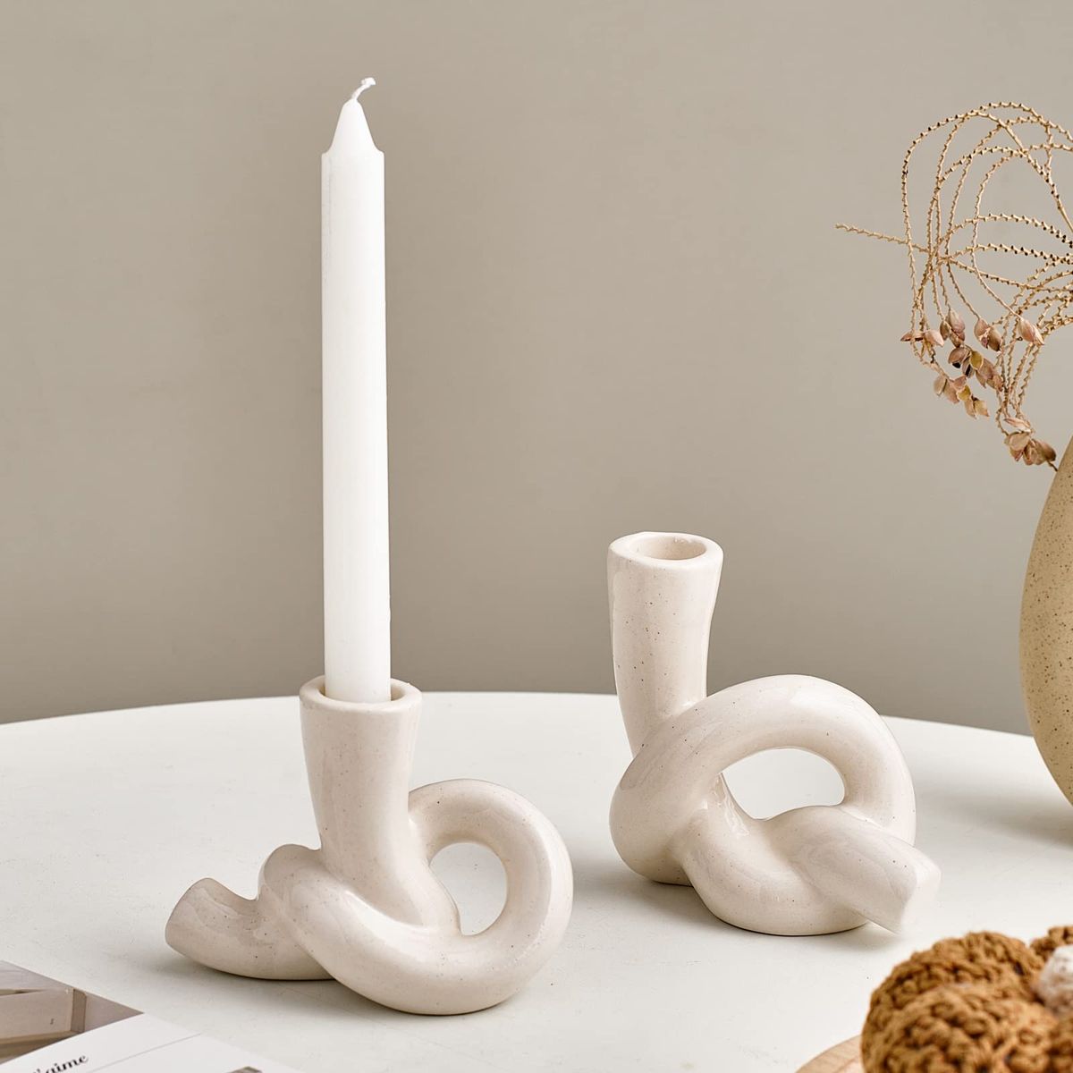 Sculptural Ceramic Knot Taper Candle Holder Set