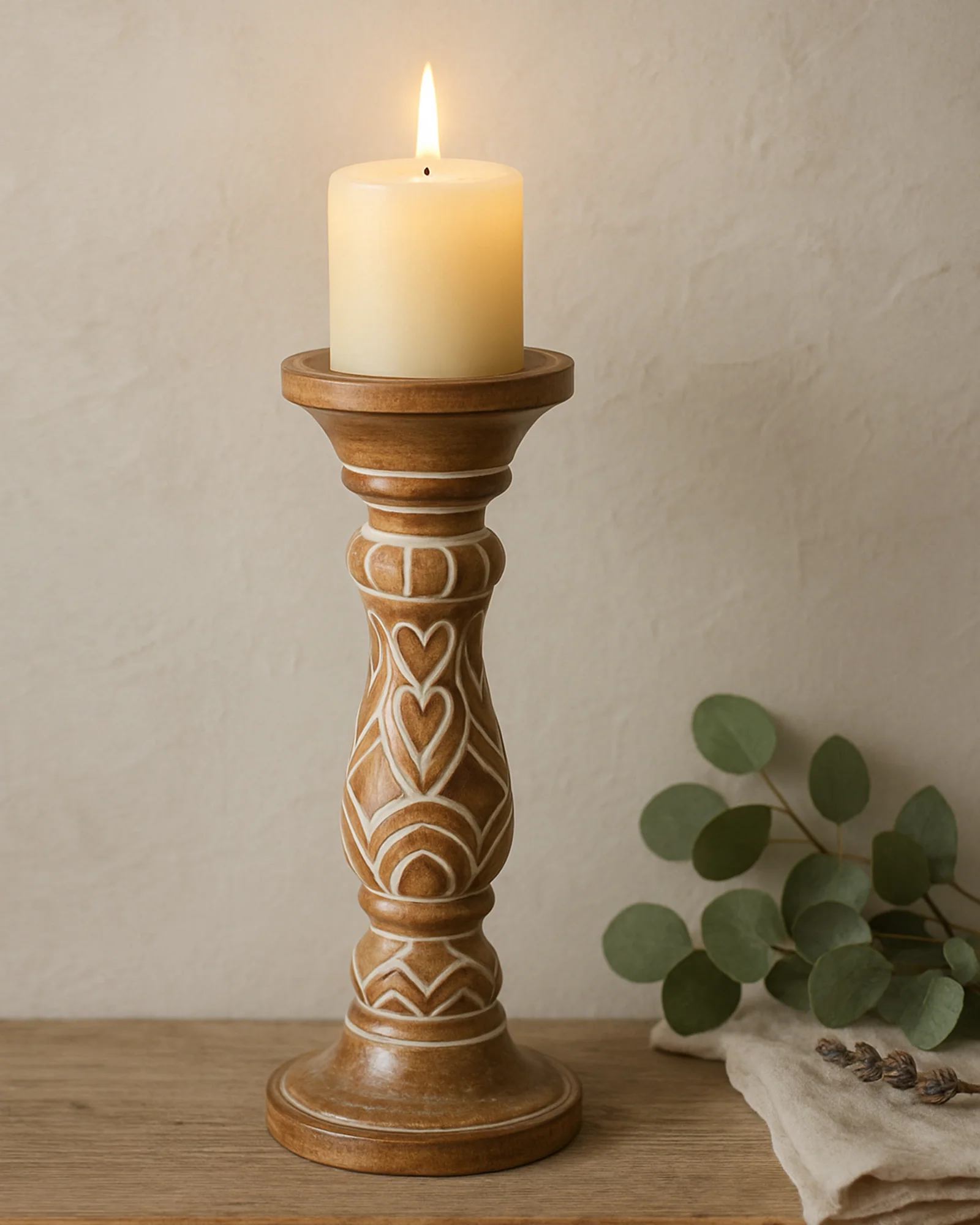 Handcarved Wooden Pillar Candle Holder