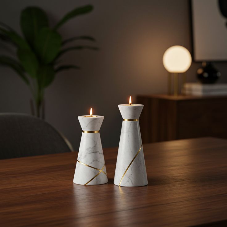 White Marble & Gold Conical Tealight Holder Set