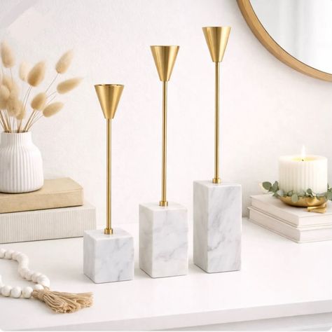 Marble Base Gold Stem Taper Candle Holder Set