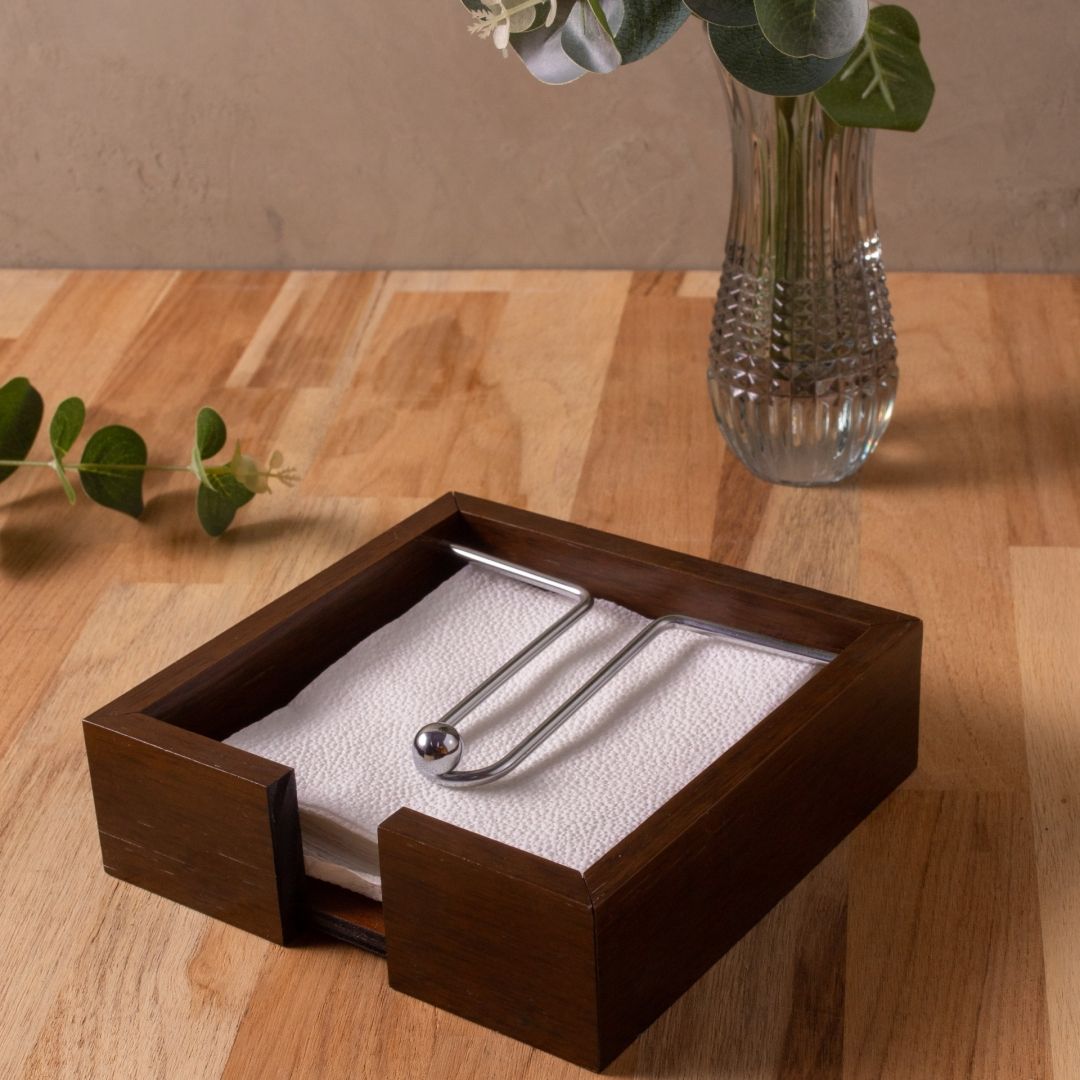 Dark Wood Square Napkin Tray with Steel Press Bar